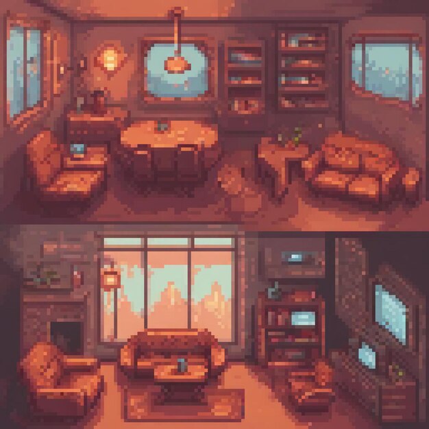 Pixel art depicts a cozy living room with modern furniture and a sleek flat screen TV