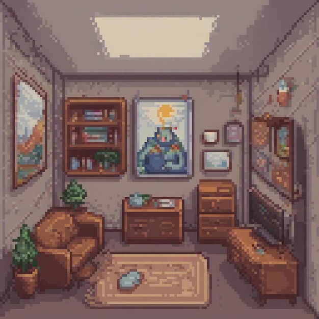 Pixel art depicts a cozy living room with stylish furniture and vibrant wall art