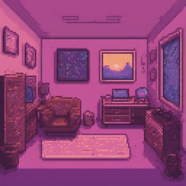 Pixel art depicts a cozy living room with stylish furniture and vibrant wall art