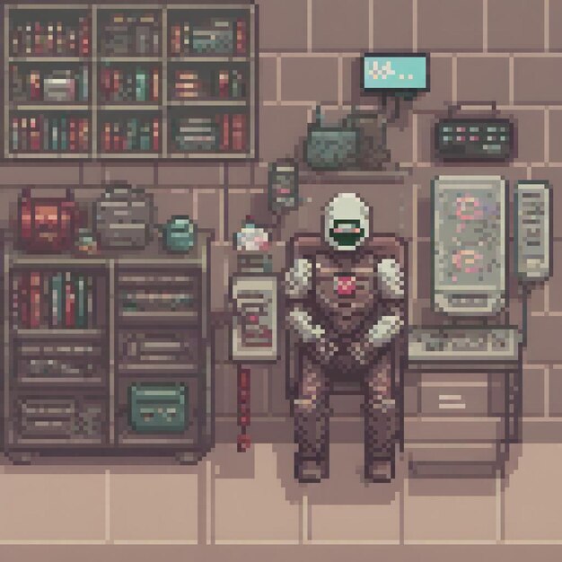 Pixel art depicts a man engrossed in computer work in a cozy room setting