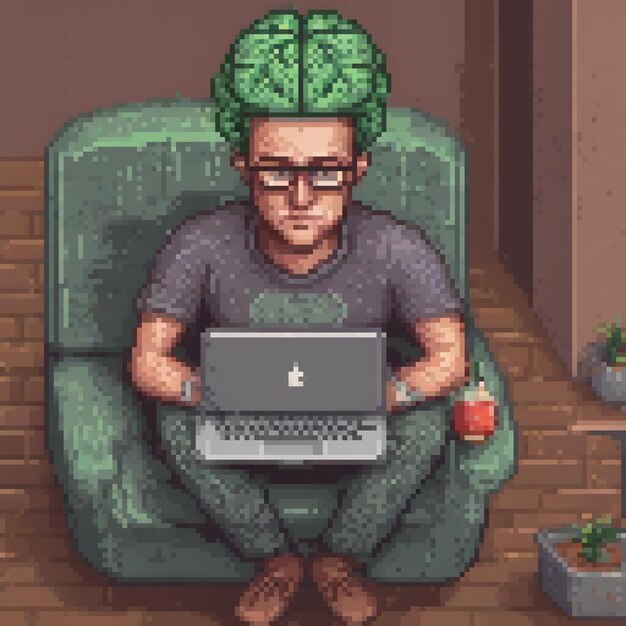 Photo pixel art depicts a man engrossed in his laptop seated comfortably in a chair