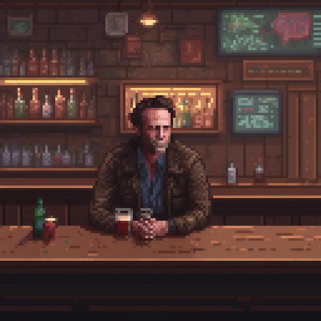 Photo pixel art depicts a man enjoying a drink at a bar