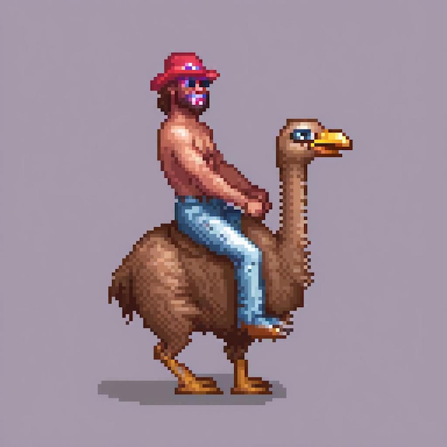 Pixel art depicts a man joyfully riding an ostrich showcasing a whimsical adventure