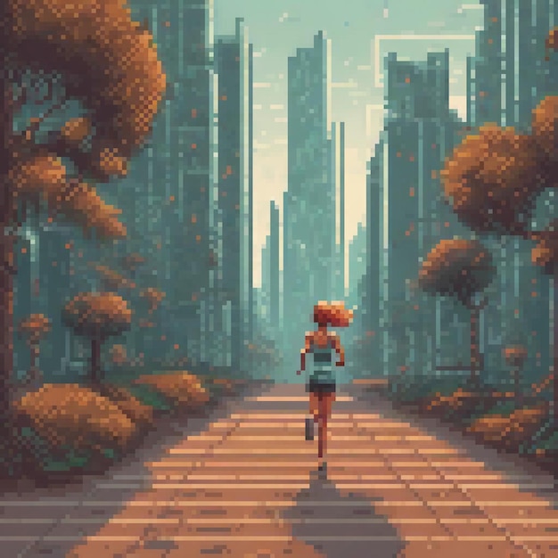 Pixel art of a determined woman sprinting through a bustling cityscape