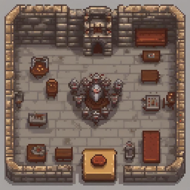 Pixel art dungeon scene with furniture