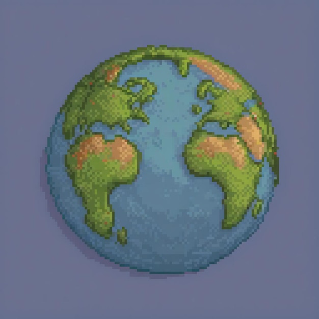 Pixel art of Earth on a vibrant blue backdrop