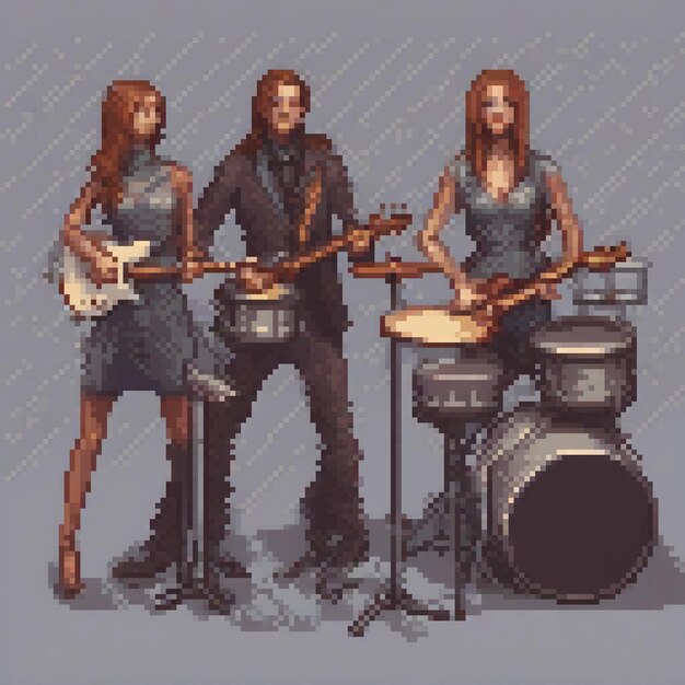 Pixel art ensemble playing instruments on a vibrant blue backdrop