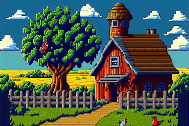 Pixel art of farm with barn silo fence and trees background in retro style for 8 bit game AI