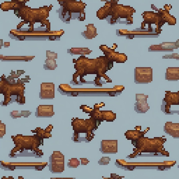 Pixel art featuring moose and various animals against a serene blue backdrop