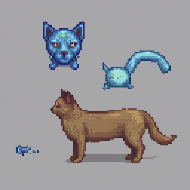 Photo pixel art featuring a playful dog and cat duo