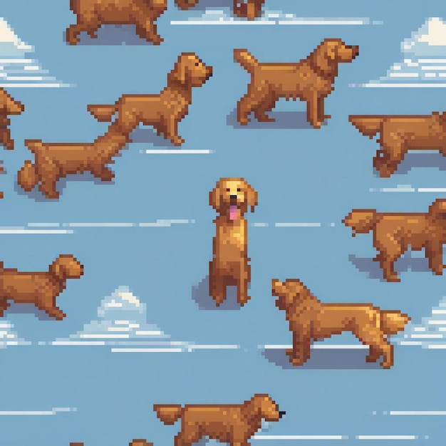 Pixel art featuring a playful pattern of dogs against a vibrant blue backdrop