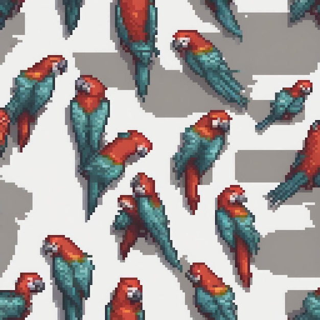 Pixel art featuring vibrant parrots on a pristine white backdrop