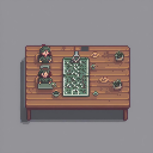 Pixel art of a festive wooden chest adorned with a Christmas tree