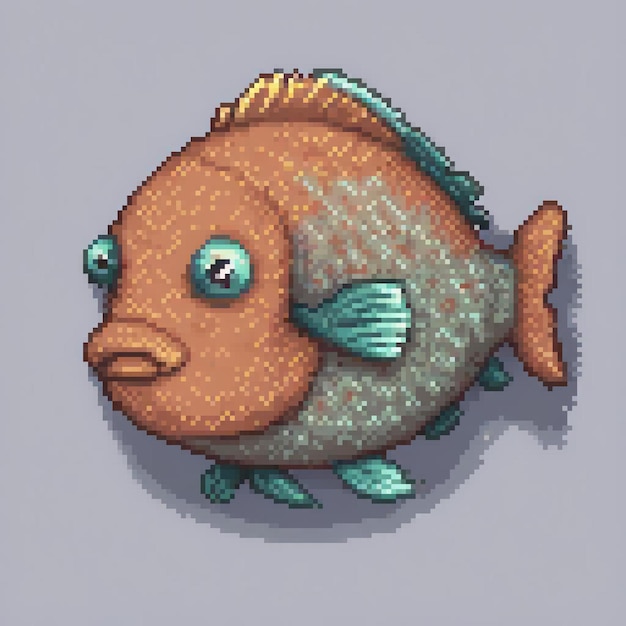 Pixel art fish with striking blue eyes set against a classic gray backdrop