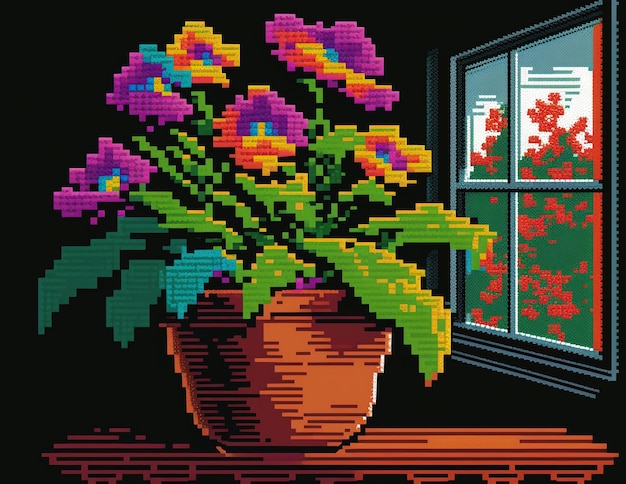 A pixel art of a flower pot with a window and a flower pot with a red flower in the background.