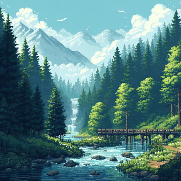 A pixel art of a forest with river and bridge