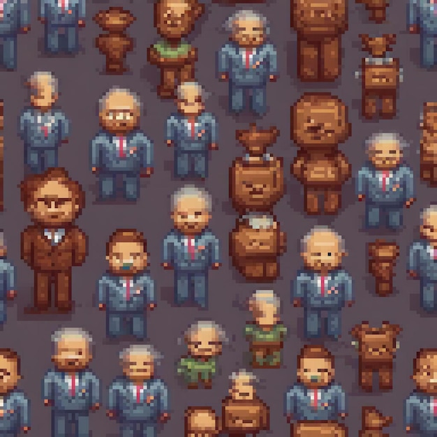 Pixel art of a gentleman in formal attire with a cuddly teddy bear