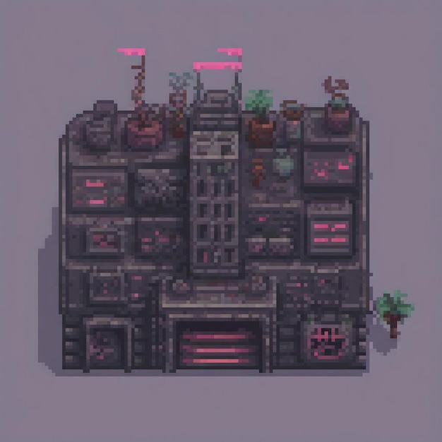 Pixel art of a green building with lush plants on top