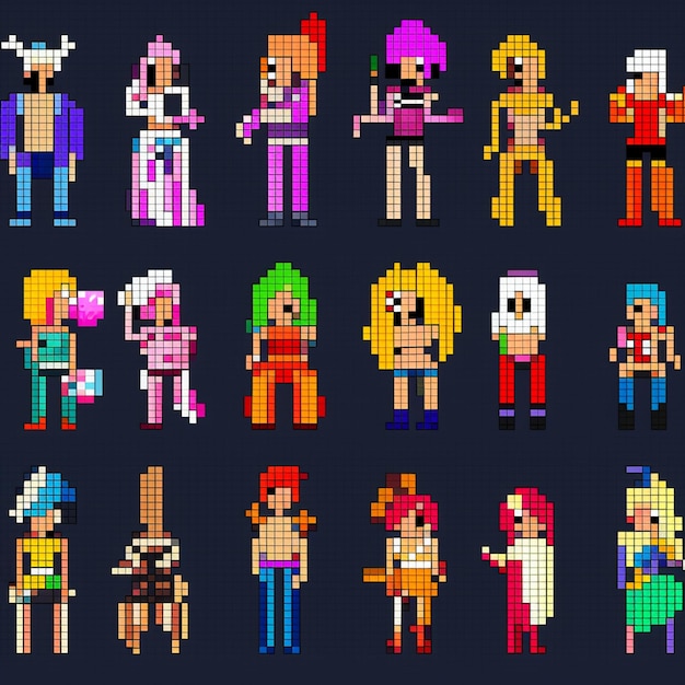 A pixel art of a group of people with different colored characters.