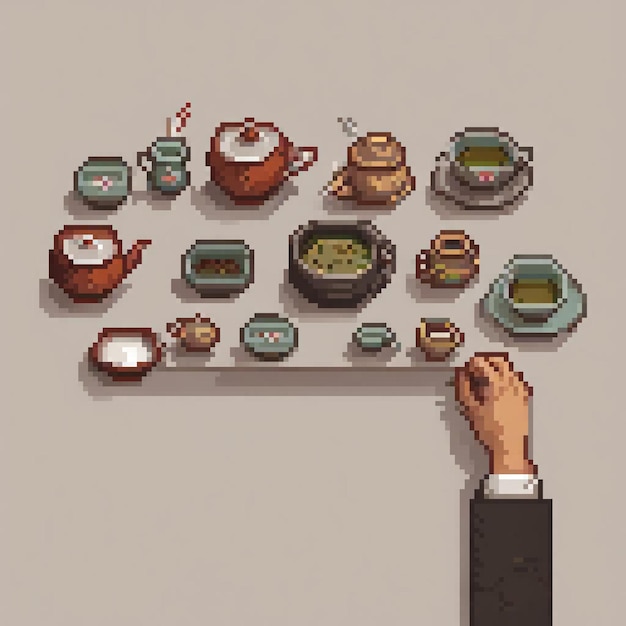 Photo pixel art of a hand cradling a tray adorned with tea cups and saucers