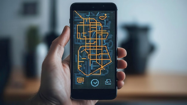 Photo pixel art of a hand holding a smartphone with a pixelated map showing order delivery routes ecommerce logistics tracking in pixel style