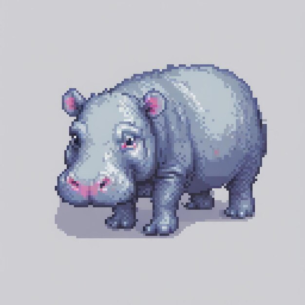 Photo pixel art of a hippo against a gray backdrop