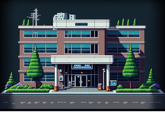 Pixel art hospital hospital front facade background in retro style for 8 bit game Generative AI