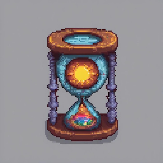 Pixel art hourglass with radiant light effect