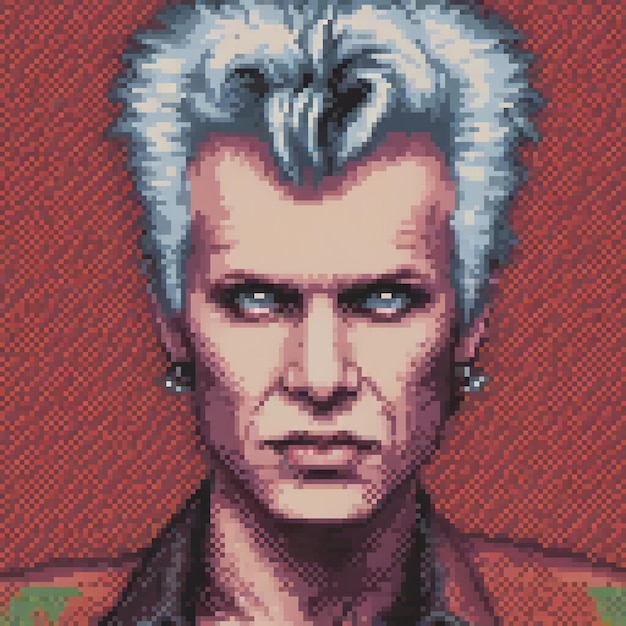 Pixel art of iconic musician David Bowie capturing his unique style and influence