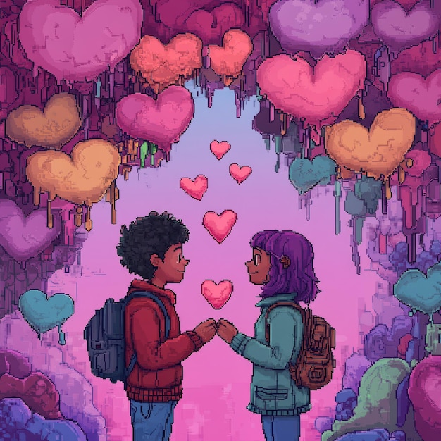 A pixel art illustration of a couple holding hands in front of a dripping heart shaped background