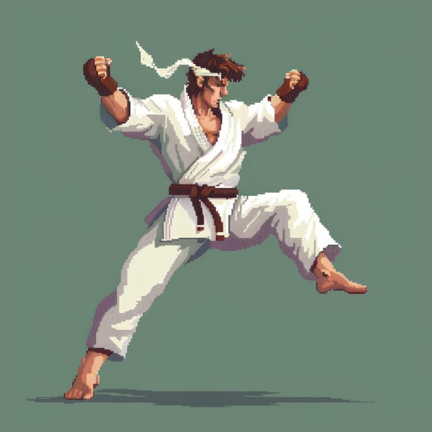 Pixel art illustration of a karate fighter in a white gi executing a powerful kick