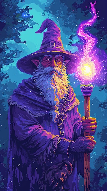 Pixel art illustration of a wizard with a staff game asset