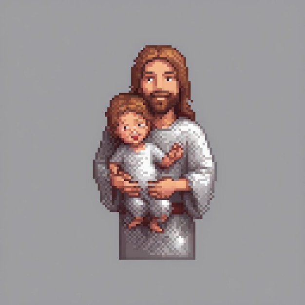 A pixel art image depicts a scene of a man and a child possibly representing the birth of Jesus