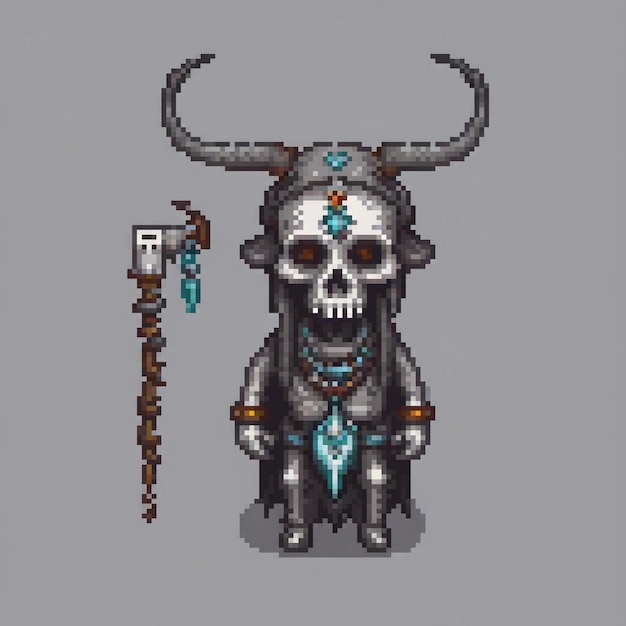 A pixel art image depicts a skeletal figure with horns a staff and a skull standing in a gray bac