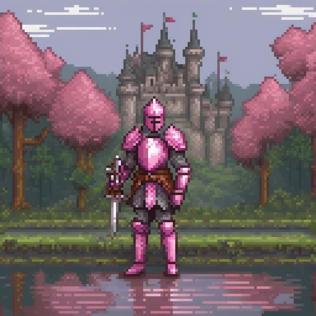 A pixel art image features a knight standing next to a castle with pink cherry blossoms in the back