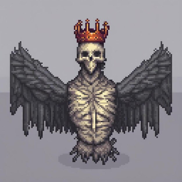 A pixel art image features a skeletal bird with a crown possibly representing a character or entity