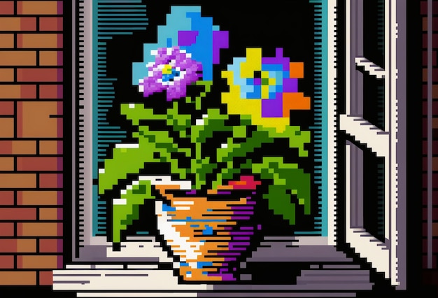 A pixel art image of a flower pot on a window sill.