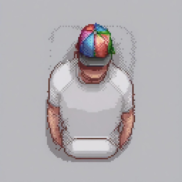 A pixel art image of a man wearing a multicolored hat sitting on a chair with a white shirt and a