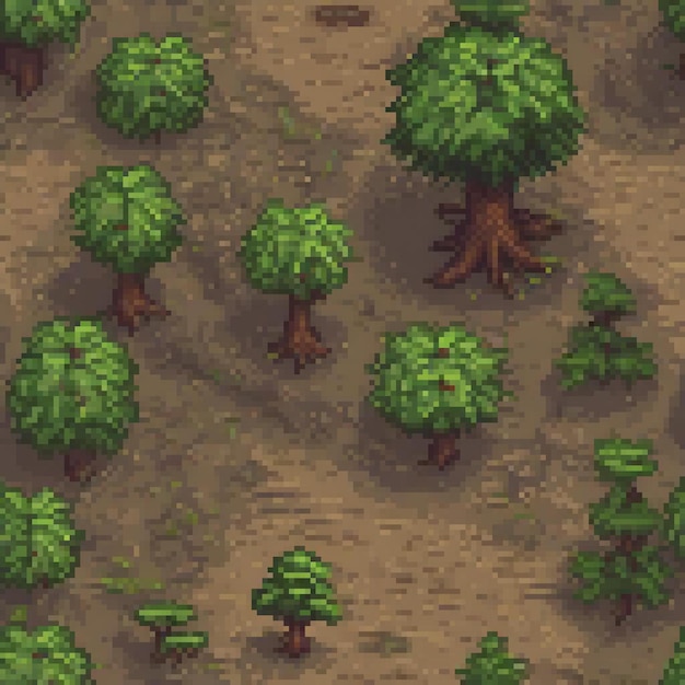 A pixel art image showcases a lush forest with various trees some with unique features like twisted