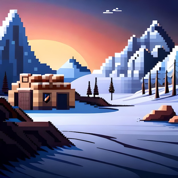 A pixel art image of a small house in the snow.