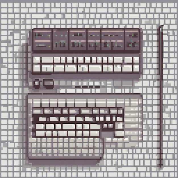 Photo pixel art keyboard and mouse on tiled floor