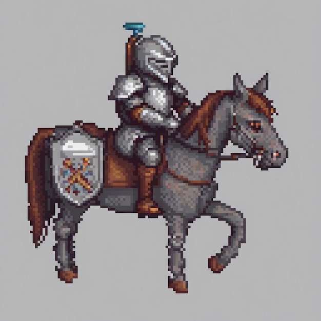 Pixel art knight riding horse wielding sword and shield