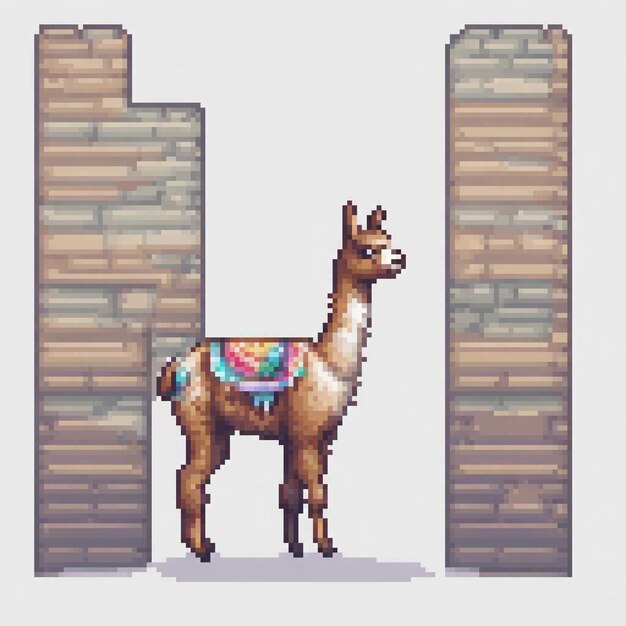 Pixel art llama in front of brick wall