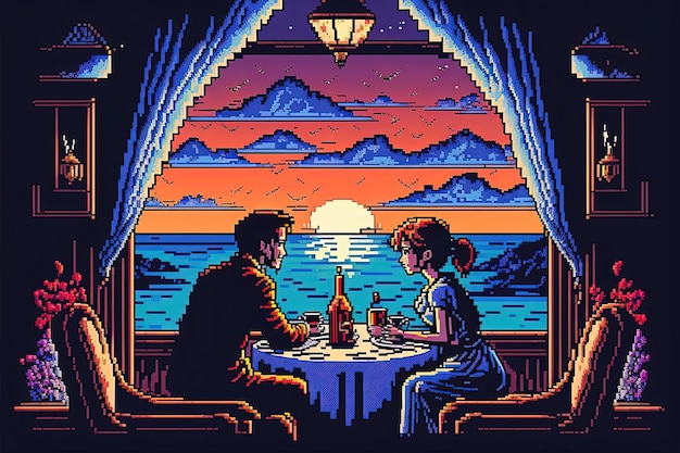 Pixel art of loving couple having romantic dinner Valentine's Day background for 8 bit game AI