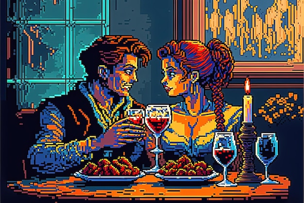 Pixel art of loving couple having romantic dinner Valentine's Day background for 8 bit game AI