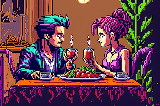 Pixel art of loving couple having romantic dinner Valentine's Day background for 8 bit game AI