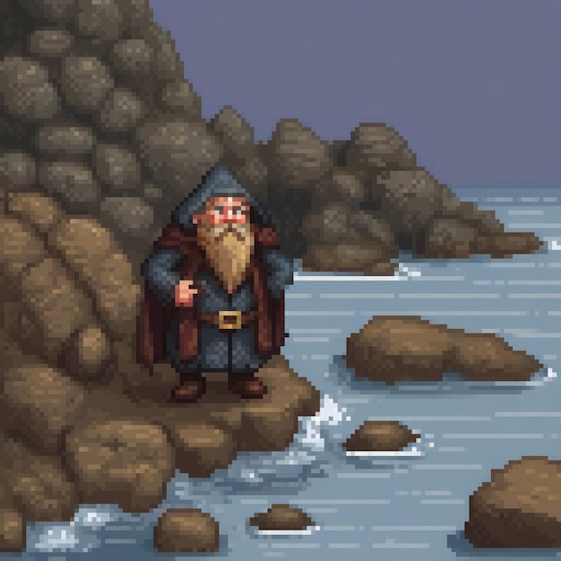 Pixel art of a man conquering a cliff by the sea