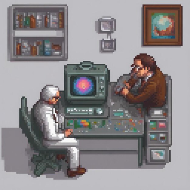 Pixel art of a man at a desk computer in view