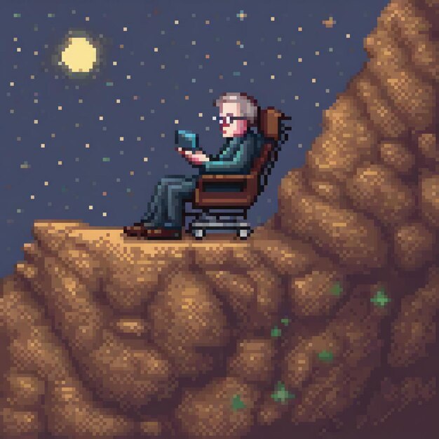 Pixel art of a man engrossed in reading a book seated comfortably in a chair