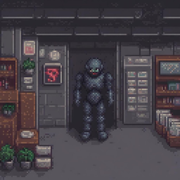 Pixel art of a man in front of a store showcasing retro charm